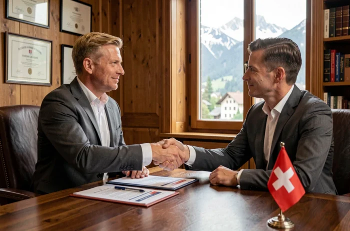 Entrepreneur serrant la main d'un conseiller juridique lors de l'immatriculation officielle de sa startup en Suisse