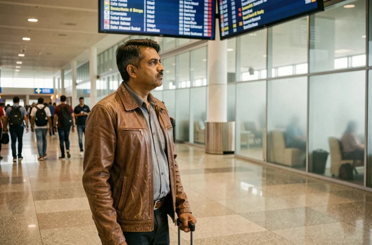 Homme immigré arrivant dans un aéroport international avec ses bagages, regardant un panneau de destinations multilingues