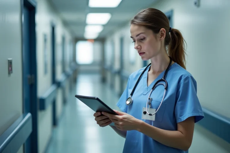 Infirmière en tenue médicale bleue consultant une tablette dans un couloir d'hôpital
