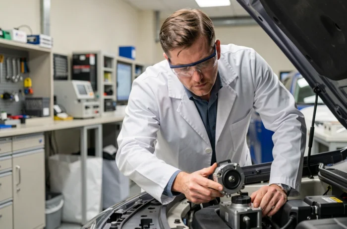 Ingénieur automobile analysant le moteur d'un véhicule hybride dans un laboratoire de recherche high-tech