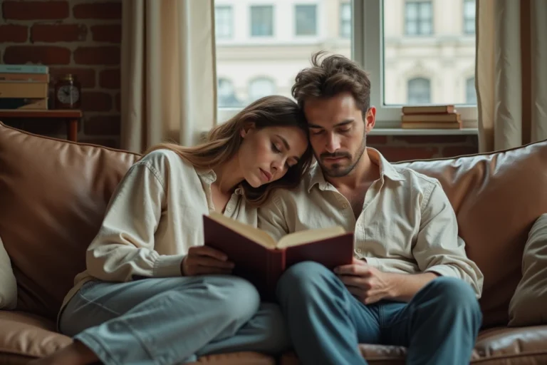 Couple en train de partager un moment d'intimité tranquille dans leur salon, évoquant la vie privée et la complicité conjugale