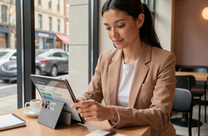Jeune femme utilisant une application de recrutement sur tablette dans un café urbain