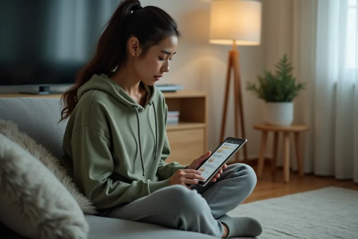 Jeune femme sur canapé consultant ses commandes Amazon sur tablette pour préserver sa confidentialité