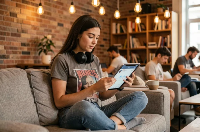 Jeune femme consultant des métriques de campagne sur tablette dans un espace de coworking créatif et décontracté