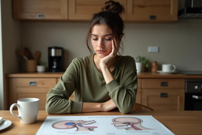 Jeune femme consultant un schéma anatomique des ganglions lymphatiques de la mâchoire et du cou