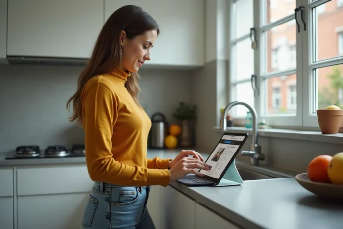 Jeune femme accédant à son espace membre Wannonce sur une tablette dans sa cuisine pour gérer ses annonces