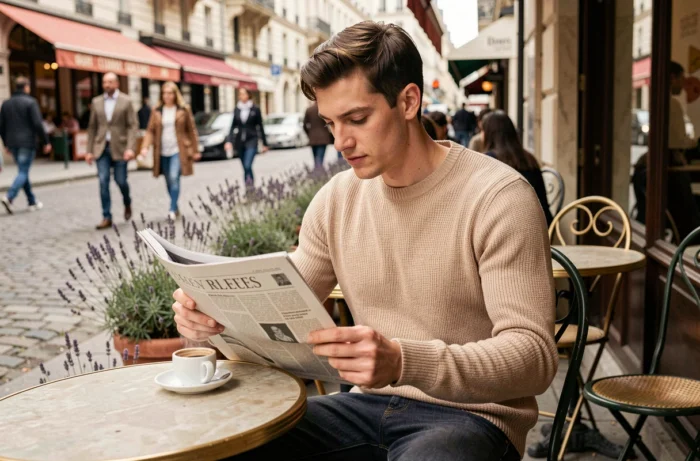 Jeune homme lisant un journal avec les tendances du moment à la terrasse d'un café parisien authentique