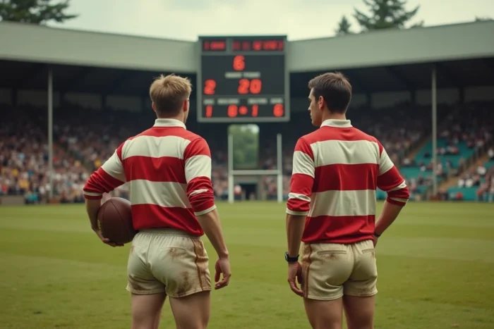 Joueurs de rugby en maillots vintage des années 1970 sur un terrain boueux avec un tableau de score analogique en arrière-plan