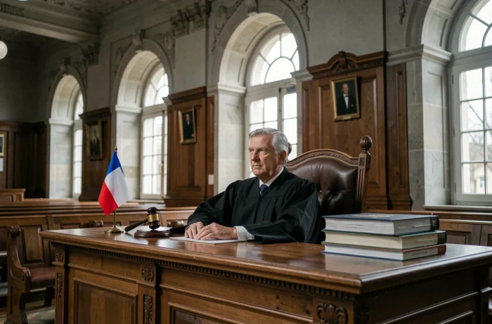 Juge en robe officielle dans une salle d'audience française symbolisant la protection juridique des droits de la personne