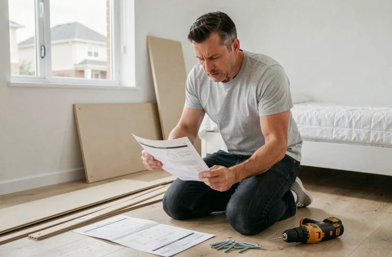 Homme lisant la notice de montage d'un dressing Brico Dépôt entouré de pièces à assembler sur un parquet en bois