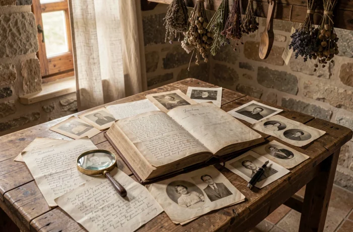 Livre généalogique ouvert avec lettres manuscrites et portraits anciens en noir et blanc sur une table en chêne rustique