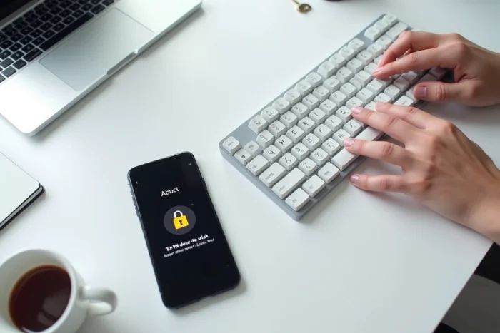 Mains tapant sur un clavier mécanique avec un smartphone affichant une connexion VPN active et une clé de sécurité USB
