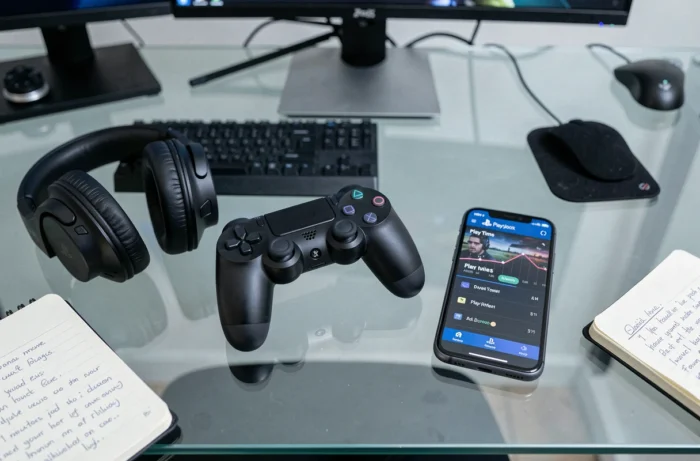 Vue aérienne d'une manette PS4, d'un smartphone affichant les heures de jeu PlayStation et d'un casque sur un bureau en verre