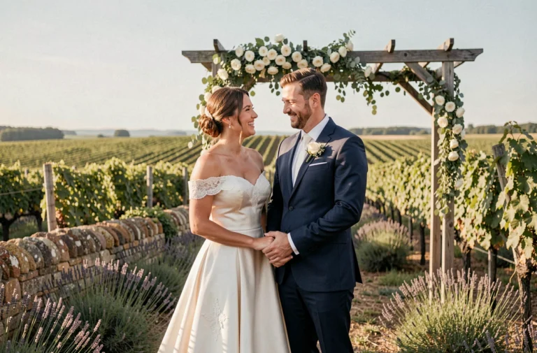 Couple de mariés se tenant la main dans un vignoble provençal lors d'un mariage champêtre élégant