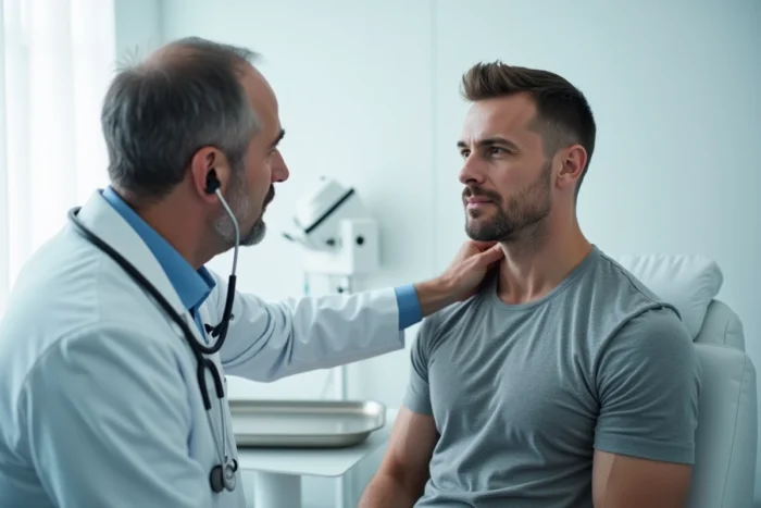 Médecin examinant un ganglion sous la mâchoire d'un patient lors d'une consultation médicale