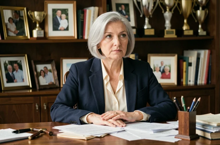 Portrait d'une femme élégante aux cheveux argentés assise à un bureau en bois, évoquant une personnalité discrète et influente