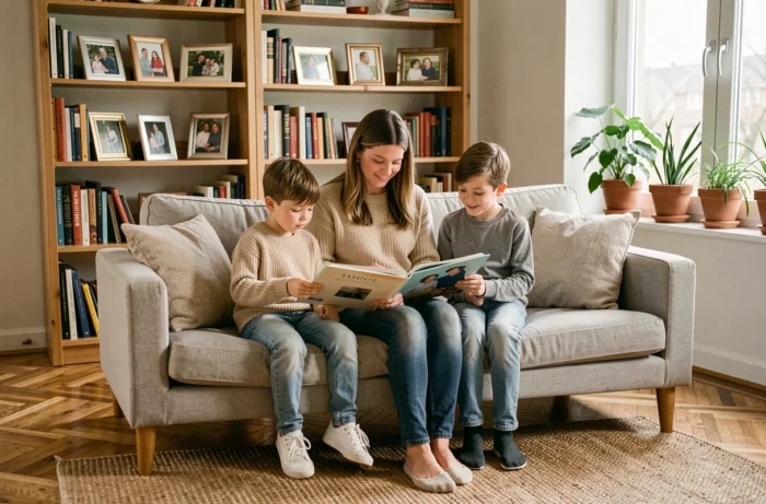 Mère et enfants lisant ensemble sur un canapé dans un salon familial lumineux, scène de vie privée authentique et chaleureuse