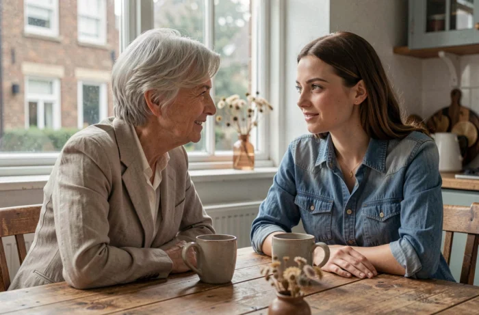 Deux femmes de générations différentes partageant un café autour d'une table en bois rustique, illustrant l'influence maternelle discrète et le lien familial