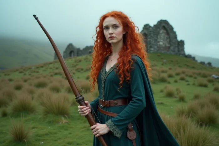 Cosplayeuse incarnant Merida de Rebelle dans une tenue médiévale teal avec arc en bois dans les landes écossaises