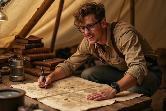 Jeune homme à lunettes rondes en tenue d'explorateur khaki étudiant des cartes anciennes dans une tente de recherche, évoquant Milo Thatch d'Atlantide