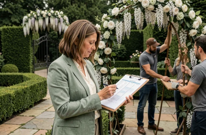 Coordinatrice de mariage professionnelle supervisant l'installation d'un arche floral dans un jardin élégant