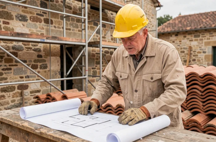 Ouvrier du bâtiment examinant des plans architecturaux sur un chantier de rénovation en pierre dans le Cher