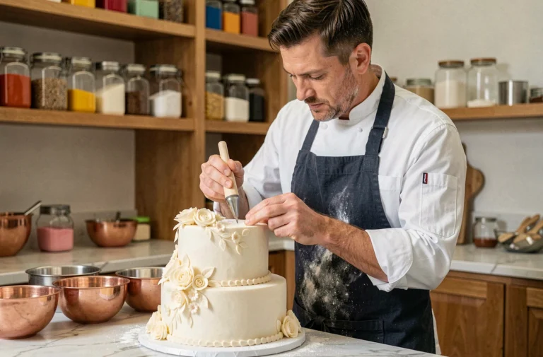 Pâtissier créatif décorant un gâteau d'exception dans une cuisine professionnelle avec des ustensiles en cuivre