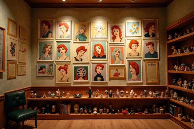 Mur de souvenirs nostalgiques avec affiches de personnages roux Disney dans une salle de cinéma vintage