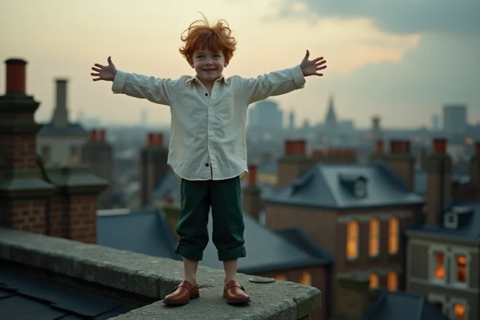 Jeune garçon roux déguisé en Peter Pan sur un toit victorien londonien au crépuscule