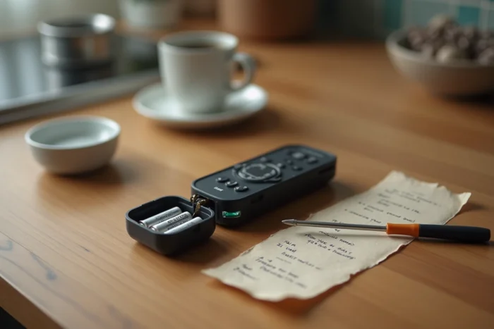 Télécommande Simu ouverte avec les piles retirées posée sur une table en bois pour dépannage