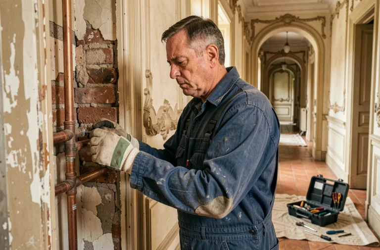 Plombier inspectant des canalisations en cuivre dans un appartement classé bruxellois aux moulures historiques