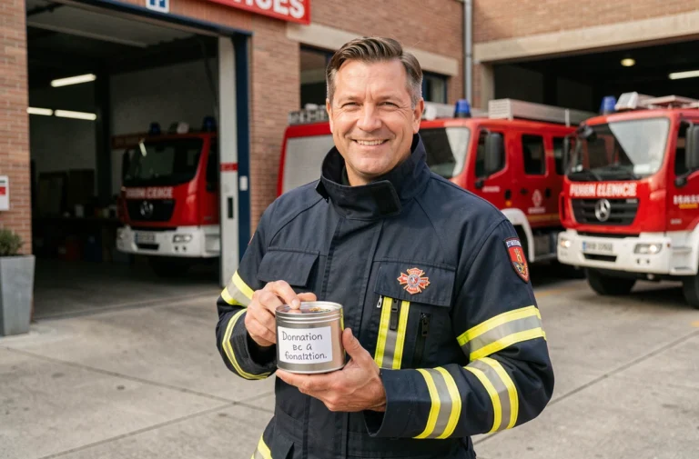 Pompier en uniforme tenant une tirelire de collecte de dons devant une caserne de pompiers française