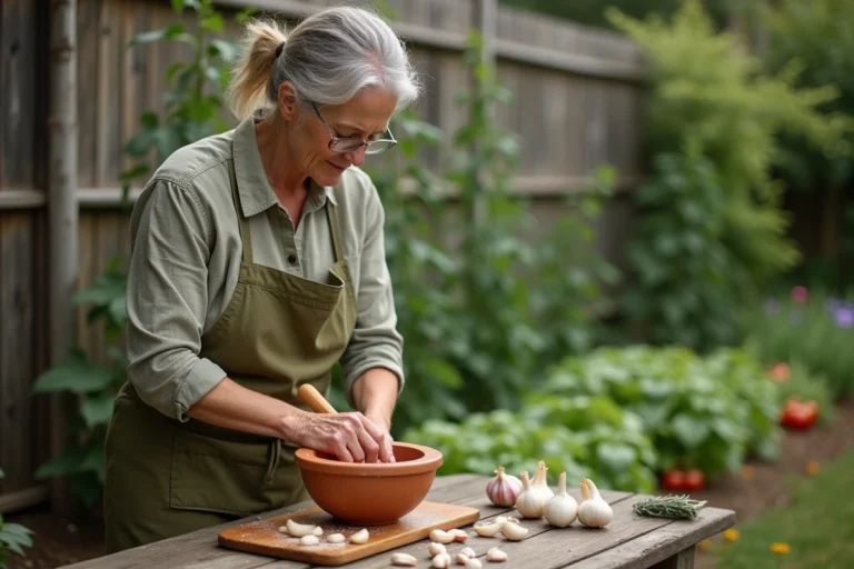 Femme préparant du purin d'ail en écrasant des gousses d'ail dans un mortier en terre cuite dans un jardin potager