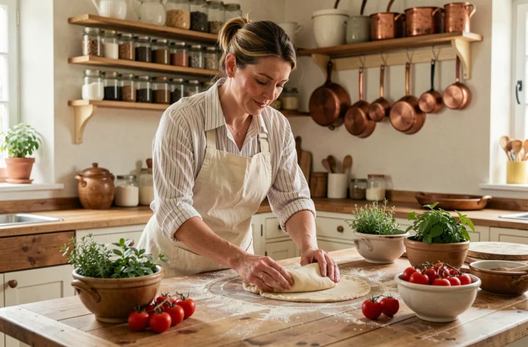 Femme préparant une tarte rustique dans une cuisine campagnarde française avec des ingrédients frais sur un plan de travail en bois fariné