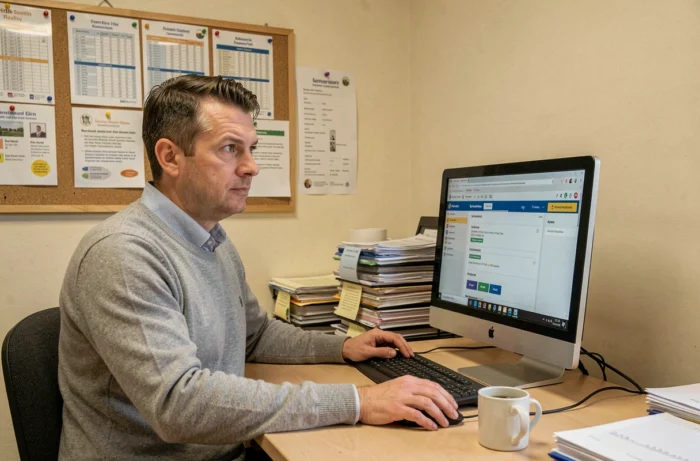 Professeur face à un problème de connexion sur iProf dans la salle des professeurs d'un lycée