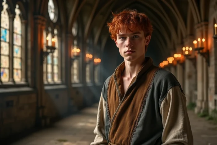 Jeune homme aux cheveux roux et posture voûtée en tenue médiévale dans une cathédrale gothique inspirée de Quasimodo