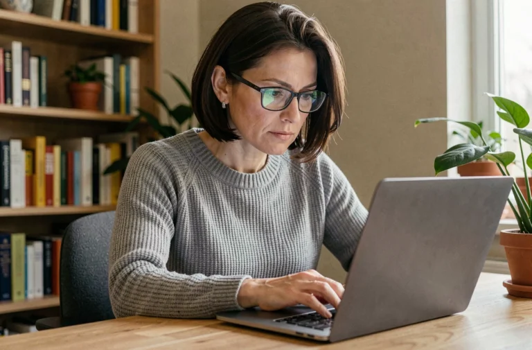 Femme cherchant une adresse à partir d'un nom et d'une ville sur son ordinateur portable dans un bureau à domicile