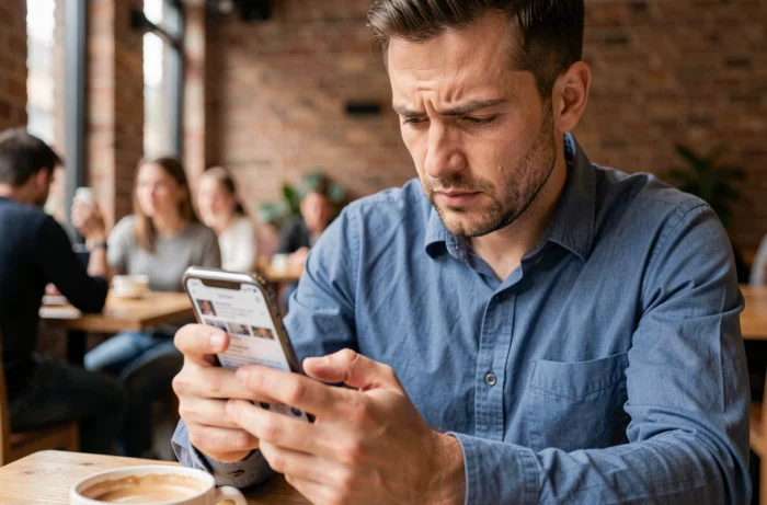 Homme utilisant son smartphone dans un café pour rechercher l'adresse d'une personne à partir de son nom