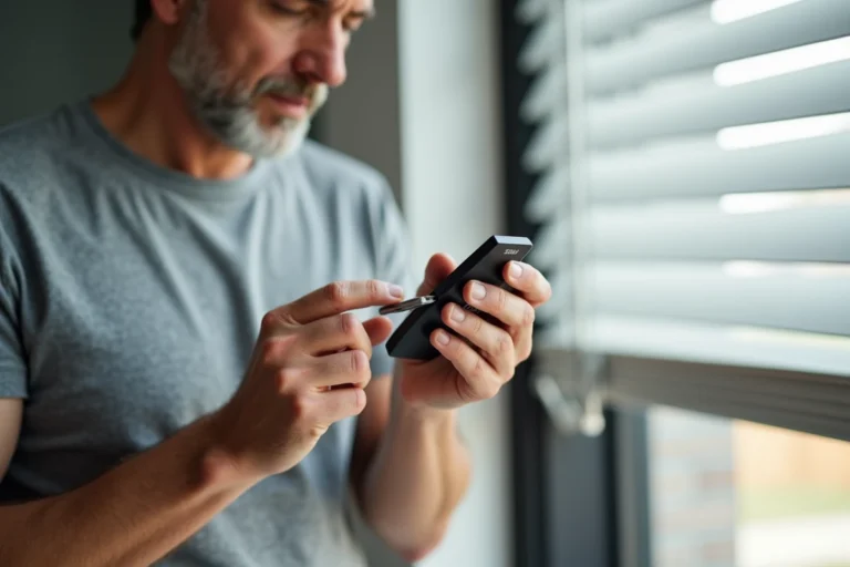 Homme appuyant sur le bouton de réinitialisation d'une télécommande Simu de volet roulant avec un stylo