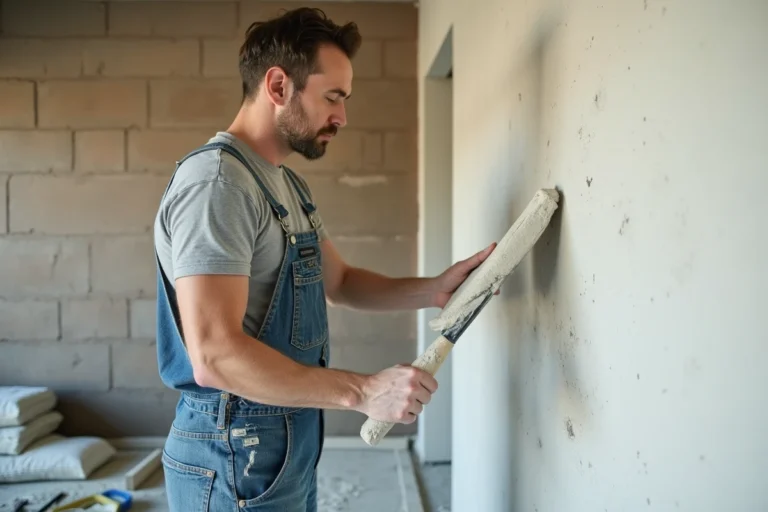 Artisan en train d'appliquer de l'enduit sur un mur intérieur lors de travaux de rénovation maison
