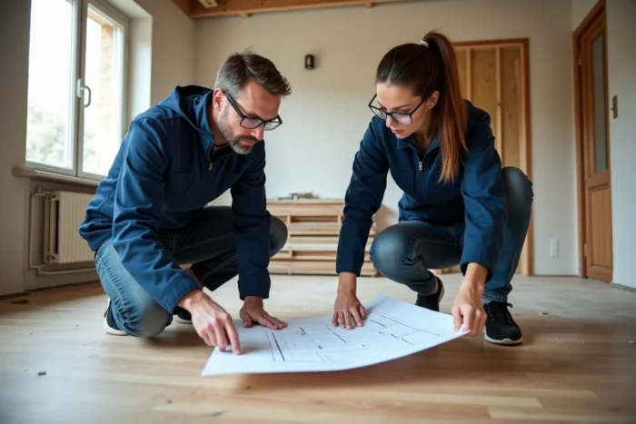 Deux artisans inspectant la pose d'un parquet en bois dans un salon en cours de rénovation complète
