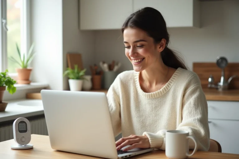 Jeune femme réservant une garde d'enfants en ligne sur son ordinateur portable dans une cuisine moderne