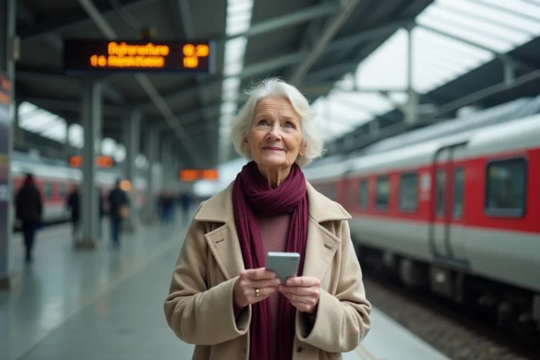 Retraitée SNCF tenant son pass Carmillon sur le quai d'une gare française moderne avec un train en arrière-plan