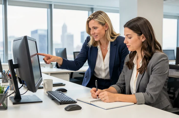 Deux femmes consultant un ordinateur de bureau pour retrouver l'adresse d'une personne grâce à son nom et sa ville