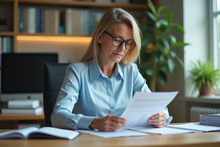 Femme fonctionnaire examinant des fiches de paie de vacataire dans un bureau administratif moderne