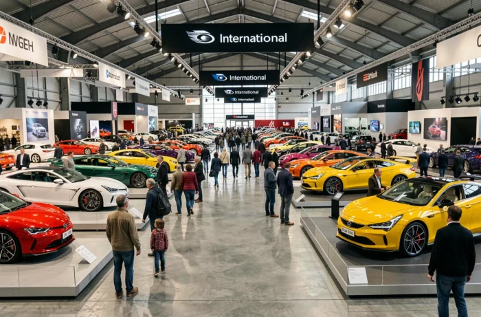 Hall d'un salon automobile international avec des voitures concept sur des podiums et des visiteurs déambulant entre les stands