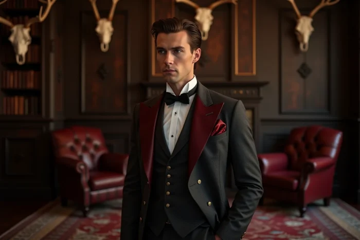 Homme élancé aux cheveux auburn lissés en costume victorien raffiné dans un club sombre, évoquant un antagoniste roux façon Shere Khan