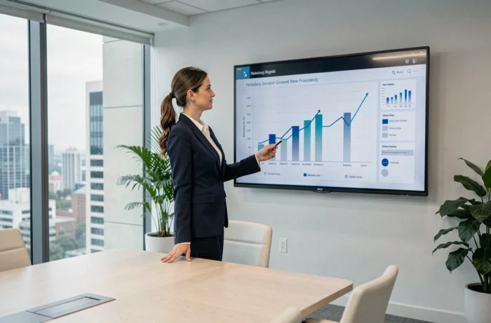 Femme d'affaires analysant des graphiques de croissance lors d'une réunion stratégique en 2024