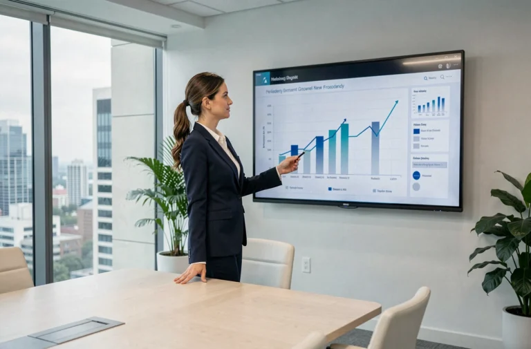 Femme d'affaires analysant des graphiques de croissance lors d'une réunion stratégique en 2024