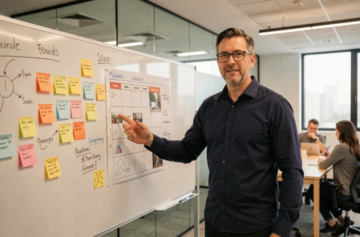 Homme d'affaires présentant une stratégie de marketing digital sur un tableau blanc lors d'une réunion en startup